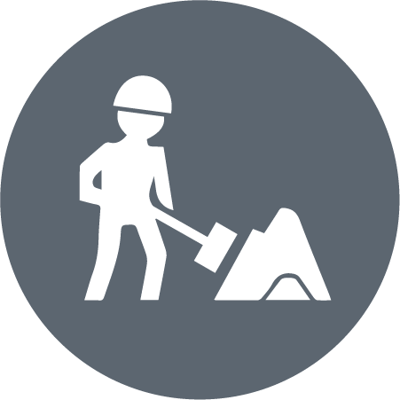 Construction worker digging dirt white icon