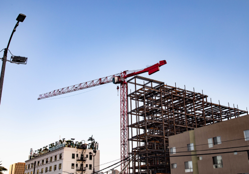 Building crane shot of the construction of a new hotel in Hollywood in Los Angeles, CA.