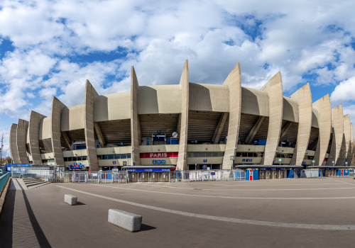 Paris, France - March 18, 2024: Panoramic exterior view of the Parc des Princes, French stadium hosting the Paris Saint-Germain (PSG) football club and Olympic venue