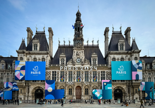 Paris, France - 20.02.2024. Hotel de Ville or City Hall in Paris, France. Decorated with banners about olympic games in Paris in 2024